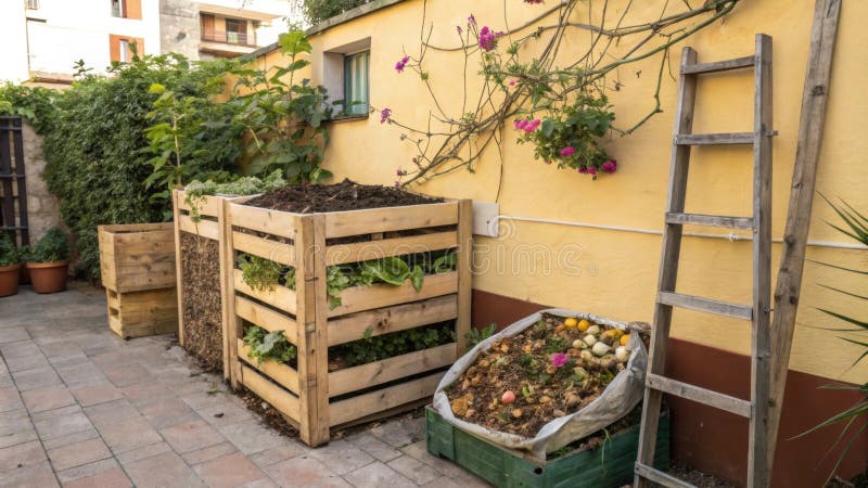 A modular compost bin created from repurposed pallets stands proudly against a sunny wall with each section filling with royalty free stock image