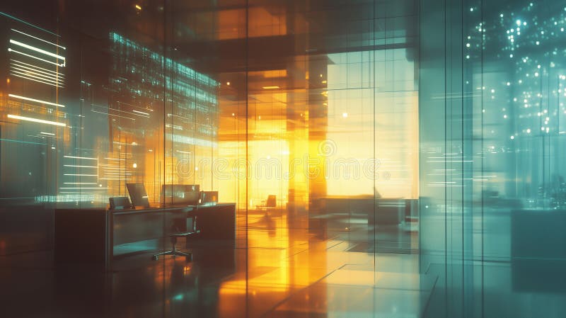 Modular office design with movable glass walls creating an open and adaptable workspace environment stock photo