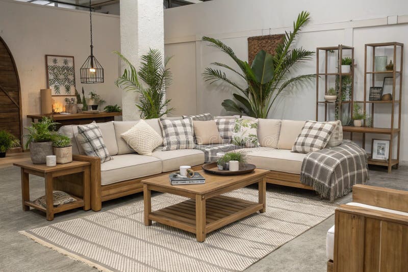 Modulär sofa i neutralt vardagsrum stock illustrationer