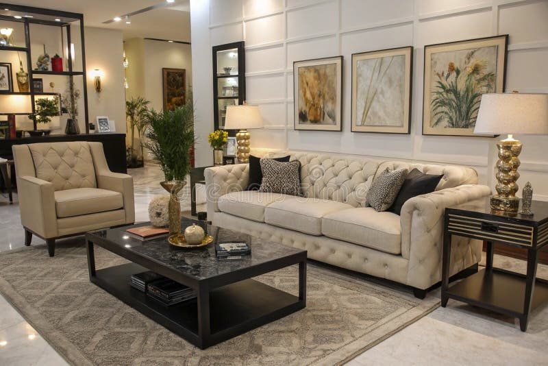 Modulär sofa och modern dekantering i vardagsrummet royaltyfri illustrationer