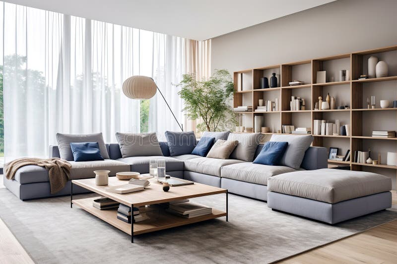 Modulärt soffa med blå kuddar nära hylla mot fönster med ridå. Minimalistisk inredningsdesign för modern levande royaltyfri illustrationer