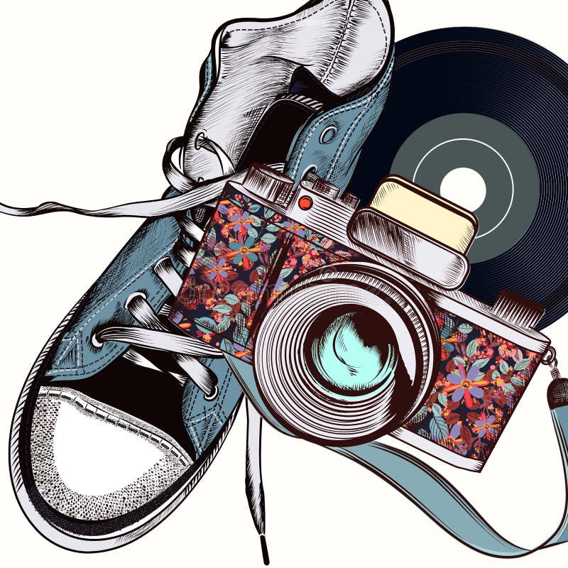 Mody ilustracja z kamera modnisia sneakers ilustracji Mody ilustracja z kamera modnisia sneakers ilustracji