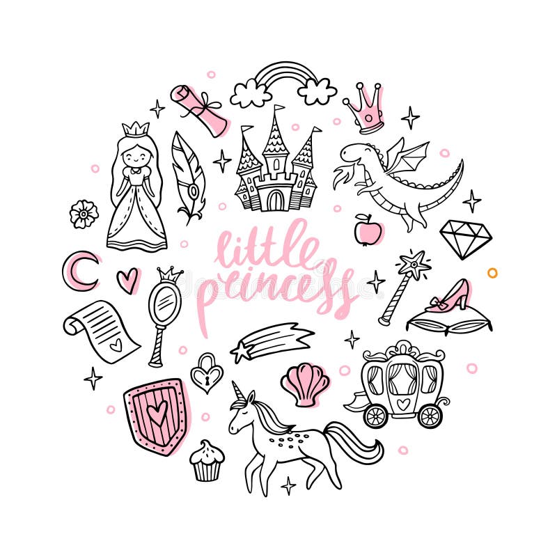 Mody kreskówki magii przedmioty Śliczny bajki princess, kasztel, smok, jednorożec i inni elementy royalty ilustracja