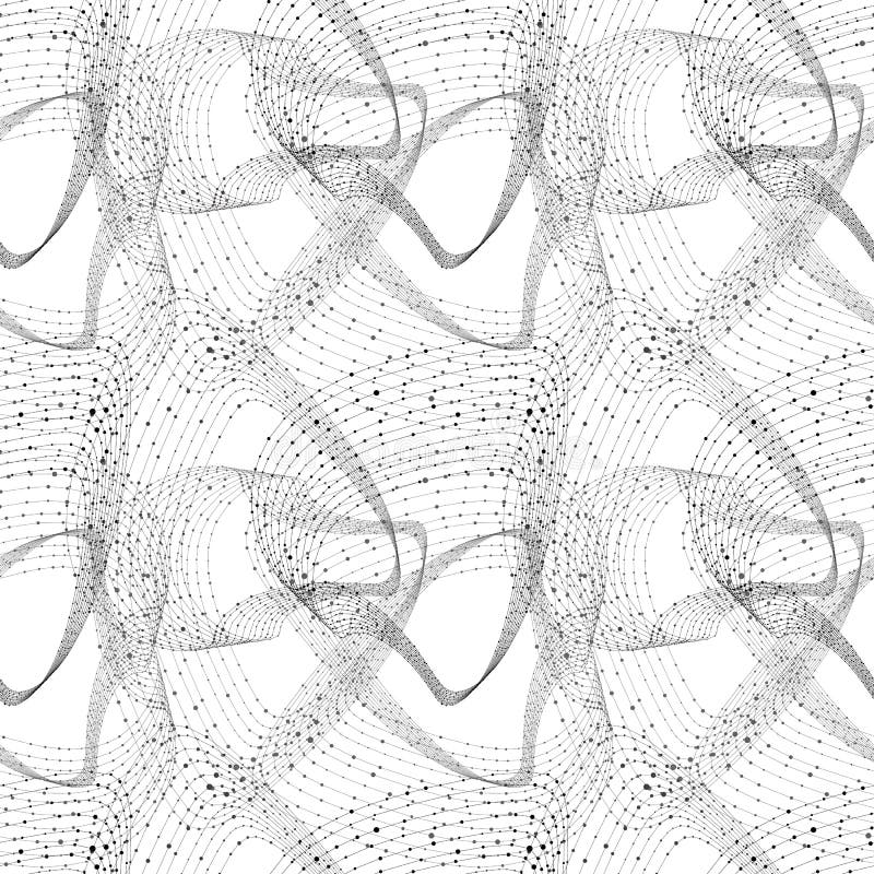 Vector Seamless Abstract Pattern with Wireframe Swirles, Technology Drawing Background, Connected Dots, Global Networking Concept, Black and White Illustration. Vector Seamless Abstract Pattern with Wireframe Swirles, Technology Drawing Background, Connected Dots, Global Networking Concept, Black and White Illustration.