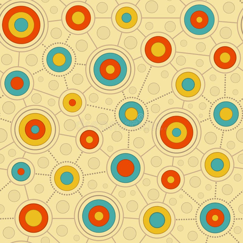 Seamless pattern of multicolored circles in retro style connected by lines and dots. Seamless pattern of multicolored circles in retro style connected by lines and dots