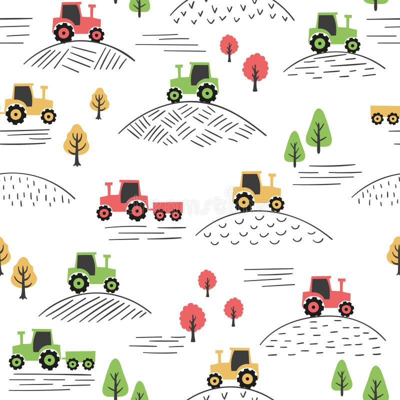 Modèle coloré sans couture avec des tracteurs de griffonnage illustration libre de droits Modèle coloré sans couture avec des tracteurs de griffonnage illustration libre de droits