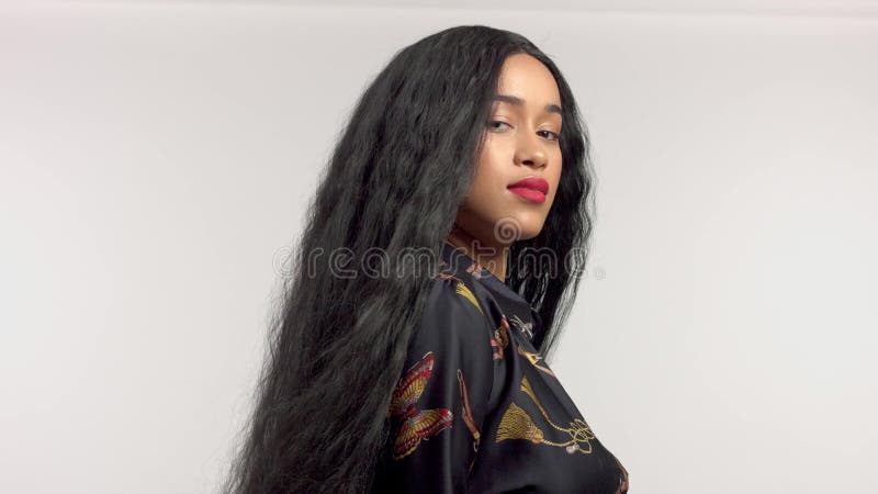 Modèle d'afro-américain de métis de beauté en portraits de studio avec la longue perruque de cheveux banque de vidéos