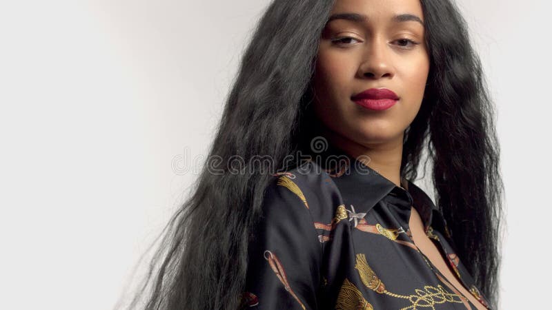 Modèle d'afro-américain de métis de beauté en portraits de studio avec la longue perruque de cheveux banque de vidéos