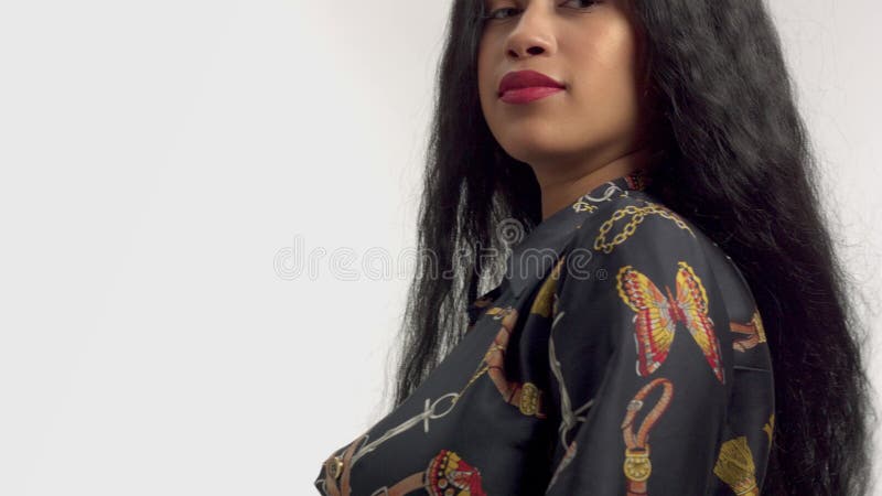 Modèle d'afro-américain de métis de beauté en portraits de studio avec la longue perruque de cheveux banque de vidéos