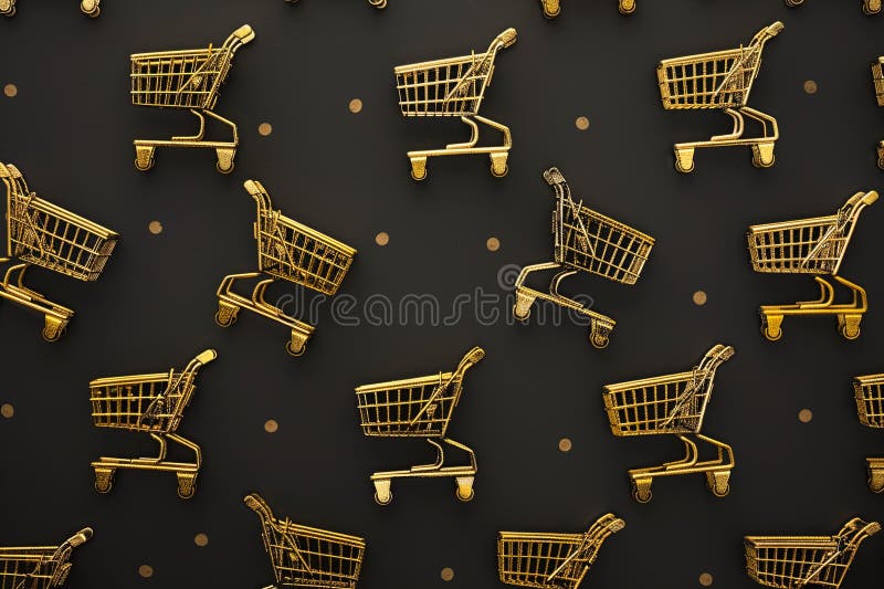 Motif accrocheur de divers chariots de courses dorés sur fond noir. Accent mis sur l'expression de la marque. Image IA. Concept de photo de stock