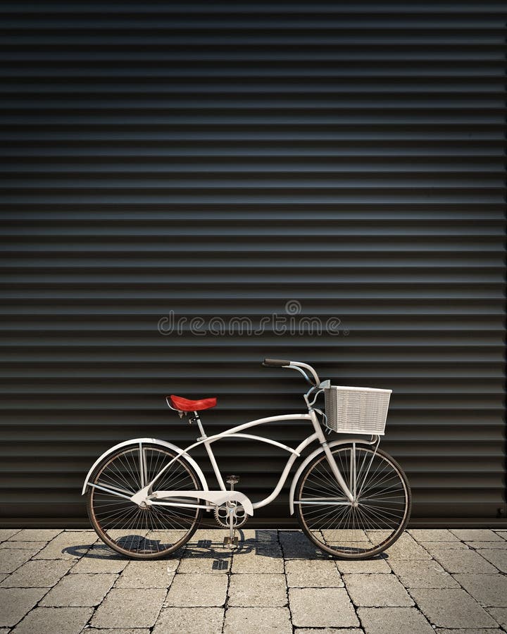 modèle 3d de la rétro bicyclette blanche avec le panier devant la porte de garage en métal, fond illustration de vecteur modèle 3d de la rétro bicyclette blanche avec le panier devant la porte de garage en métal, fond illustration de vecteur