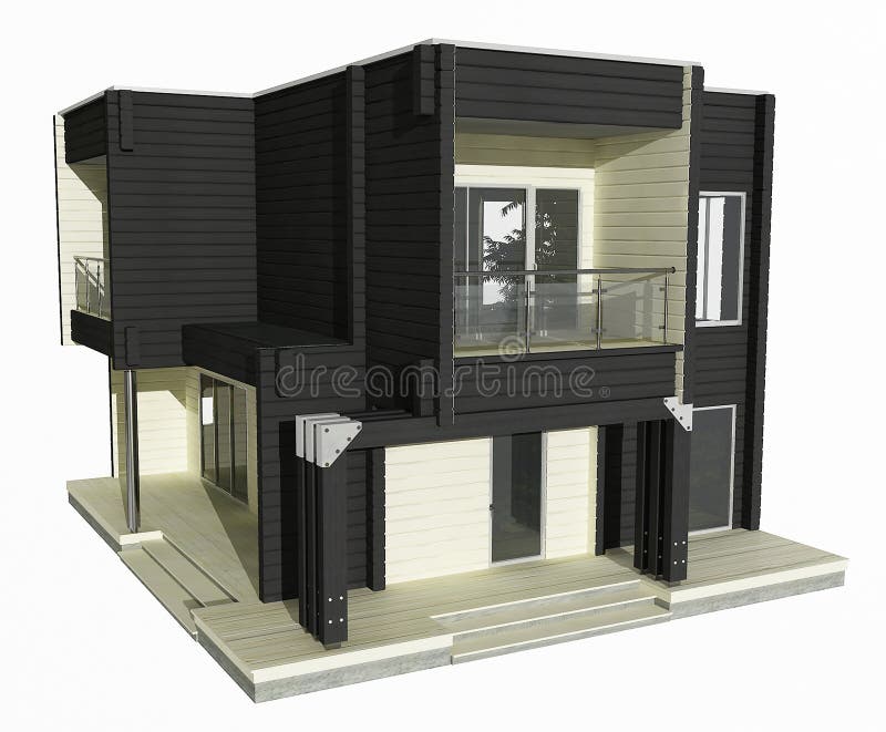 modèle 3d de maison en bois noire et blanche sur un fond blanc. illustration stock modèle 3d de maison en bois noire et blanche sur un fond blanc. illustration stock