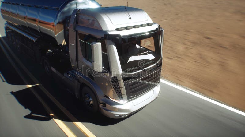 Modèle 3d générique camion à essence conduite très rapide sur autoroute désert. gazoduc concept 3d rendu.
