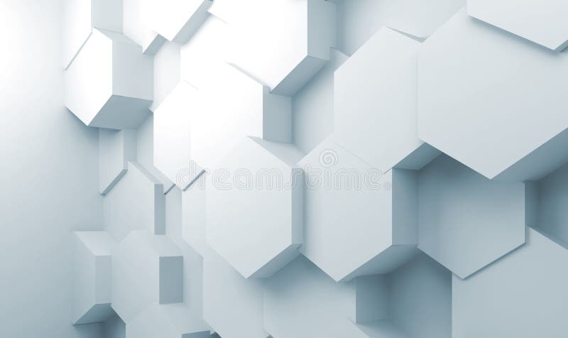 Abstract interior background with extruded hexagons pattern on wall, 3d illustration. Abstract interior background with extruded hexagons pattern on wall, 3d illustration