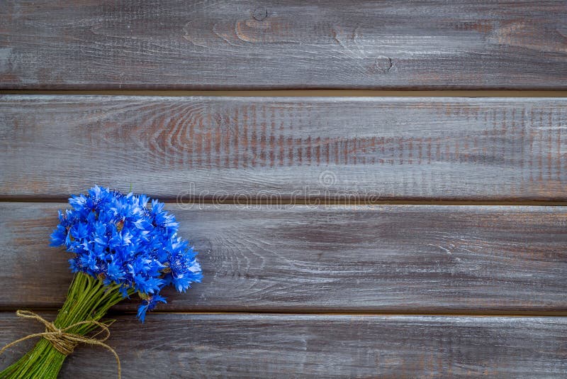 Modèle de fleurs d'été avec le bouquet des bleuets bleus sur la moquerie en bois de vue supérieure de fond photos stock Modèle de fleurs d'été avec le bouquet des bleuets bleus sur la moquerie en bois de vue supérieure de fond photos stock