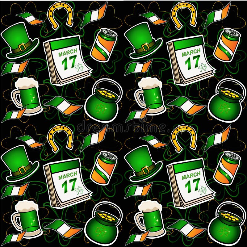 Modèle de jour du ` s de St Patrick Chapeau, fer à cheval, pot d'or, bière Configuration sans joint illustration libre de droits Modèle de jour du ` s de St Patrick Chapeau, fer à cheval, pot d'or, bière Configuration sans joint illustration libre de droits
