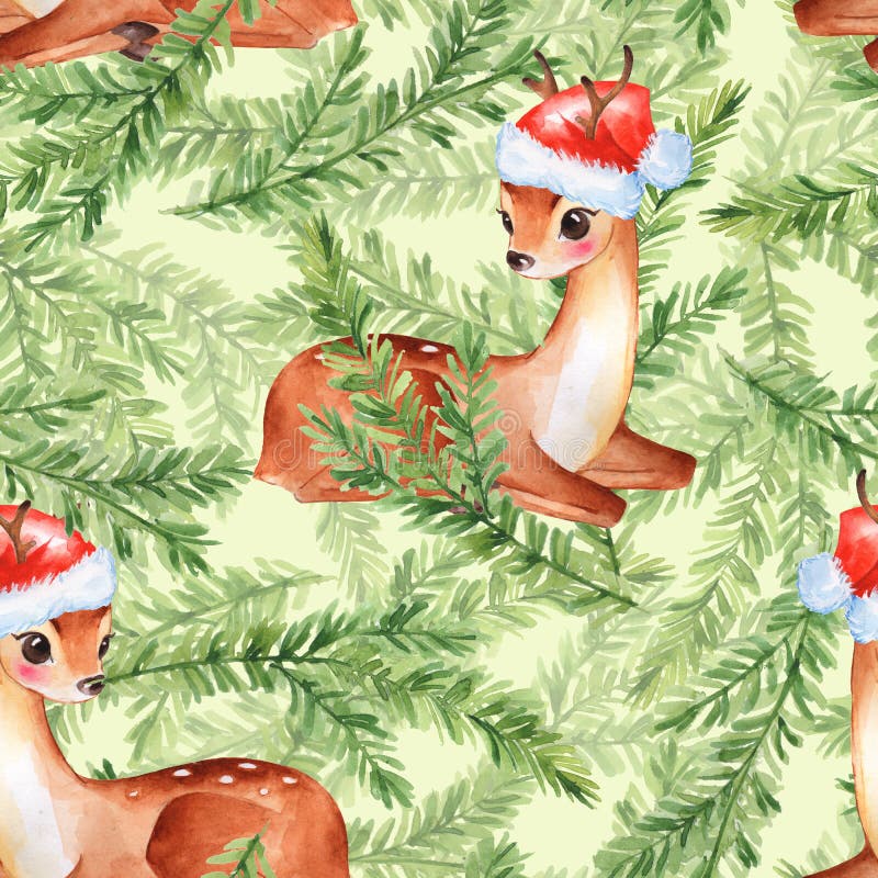 Modèle de Noël d'aquarelle avec des faons illustration libre de droits Modèle de Noël d'aquarelle avec des faons illustration libre de droits