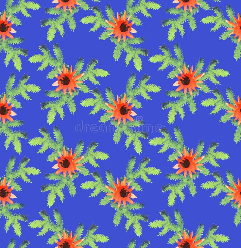 Modèle de Noël des branches impeccables et des fleurs oranges rouges sur un fond bleu Modèle sans couture, aquarelle illustration de vecteur Modèle de Noël des branches impeccables et des fleurs oranges rouges sur un fond bleu Modèle sans couture, aquarelle illustration de vecteur