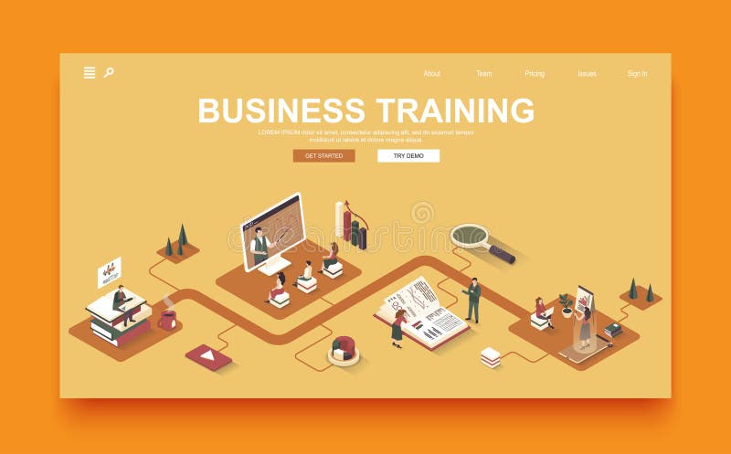 Business training concept 3d isometric landing page template. People improve qualifications and professional skills and study at conferences. Vector illustration in isometry graphic design. Business training concept 3d isometric landing page template. People improve qualifications and professional skills and study at conferences. Vector illustration in isometry graphic design