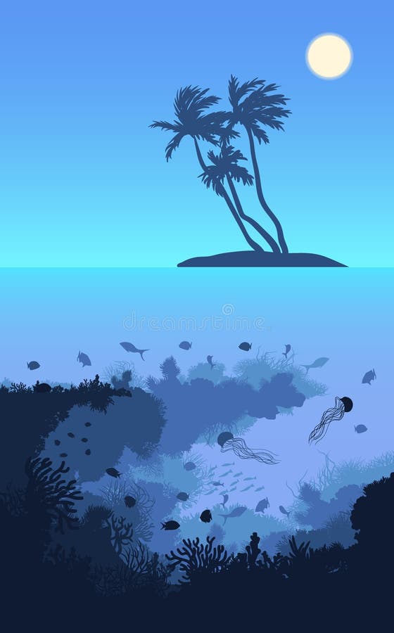 Modèle de paysage d'île tropicale colorée avec des palmiers et l'illustration vectorielle du monde marin sous-marin