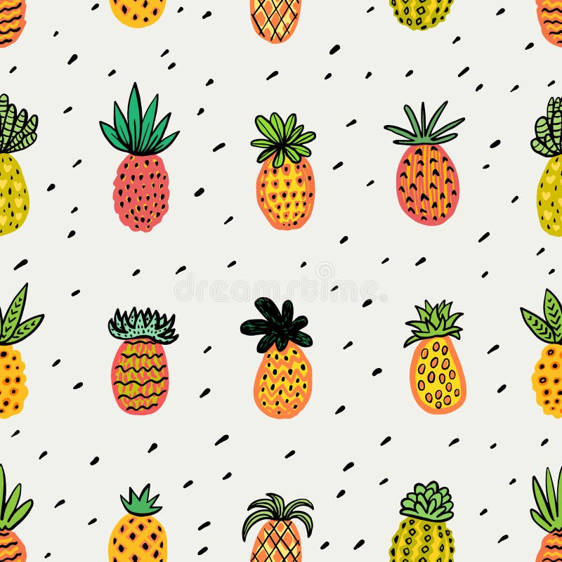 Modèle ensoleillé sans couture d'ananas Ananas décoratif avec différentes textures dans des couleurs chaudes fruits exotiques de illustration libre de droits Modèle ensoleillé sans couture d'ananas Ananas décoratif avec différentes textures dans des couleurs chaudes fruits exotiques de illustration libre de droits