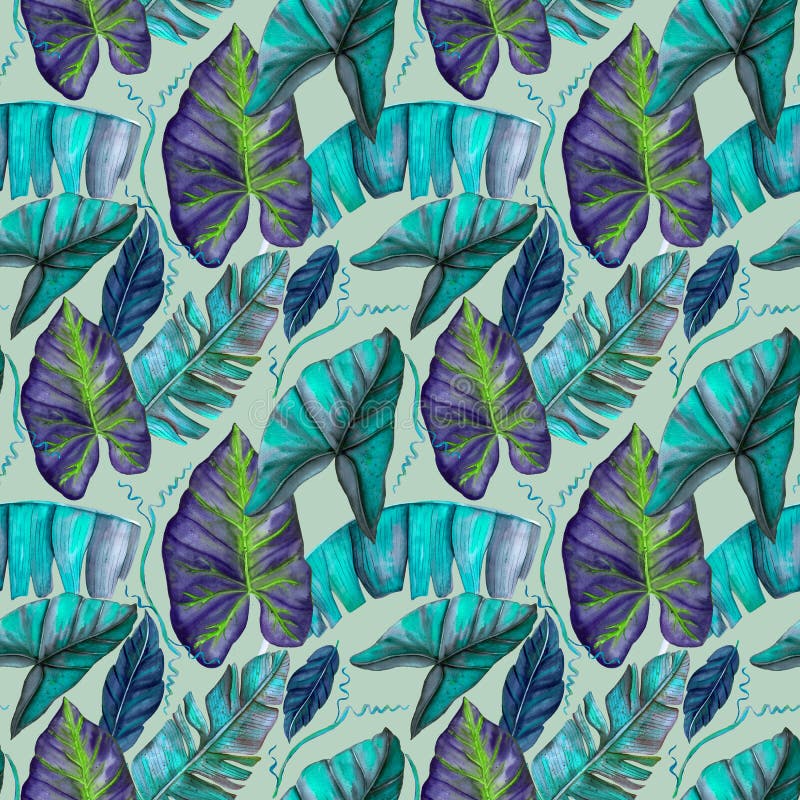 Seamless exotic pattern with tropical banana leaves in vintage style. Jungle botanical watercolor illustration. For wallpaper, textiles, fabrics, stationery, children`s clothing, swimwear. Seamless exotic pattern with tropical banana leaves in vintage style. Jungle botanical watercolor illustration. For wallpaper, textiles, fabrics, stationery, children`s clothing, swimwear