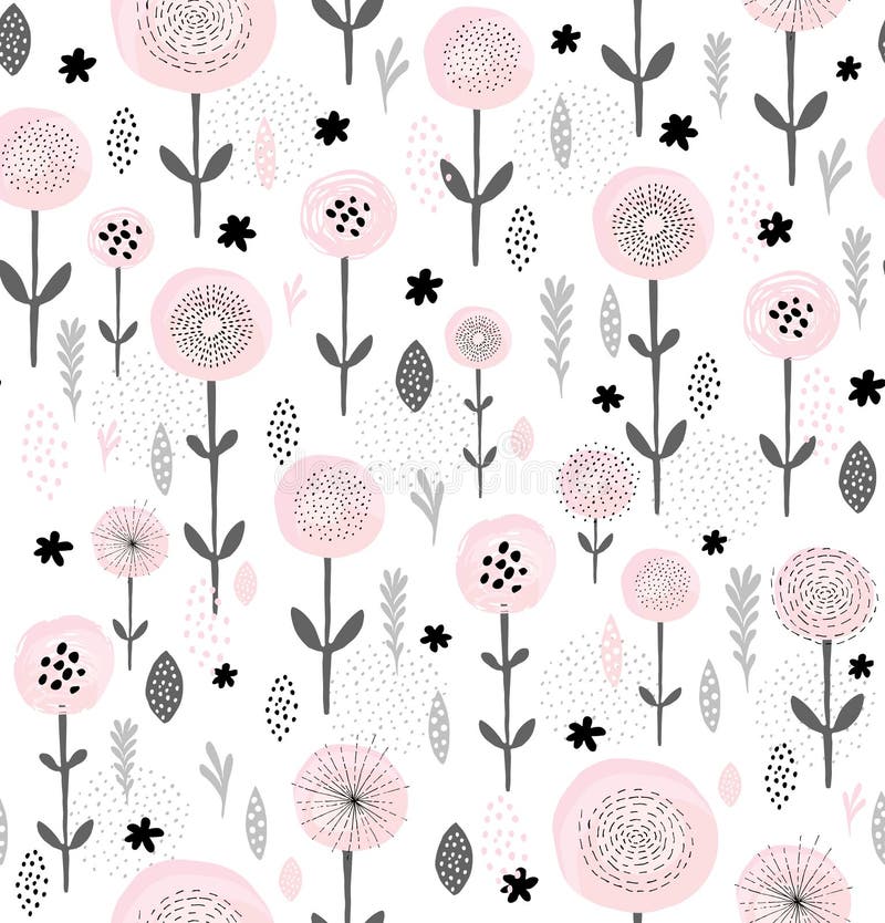 Modèle floral abstrait de vecteur Fleurs roses balayées rondes avec les éléments noirs Noir et Grey Branches, feuilles et brindil illustration libre de droits Modèle floral abstrait de vecteur Fleurs roses balayées rondes avec les éléments noirs Noir et Grey Branches, feuilles et brindil illustration libre de droits