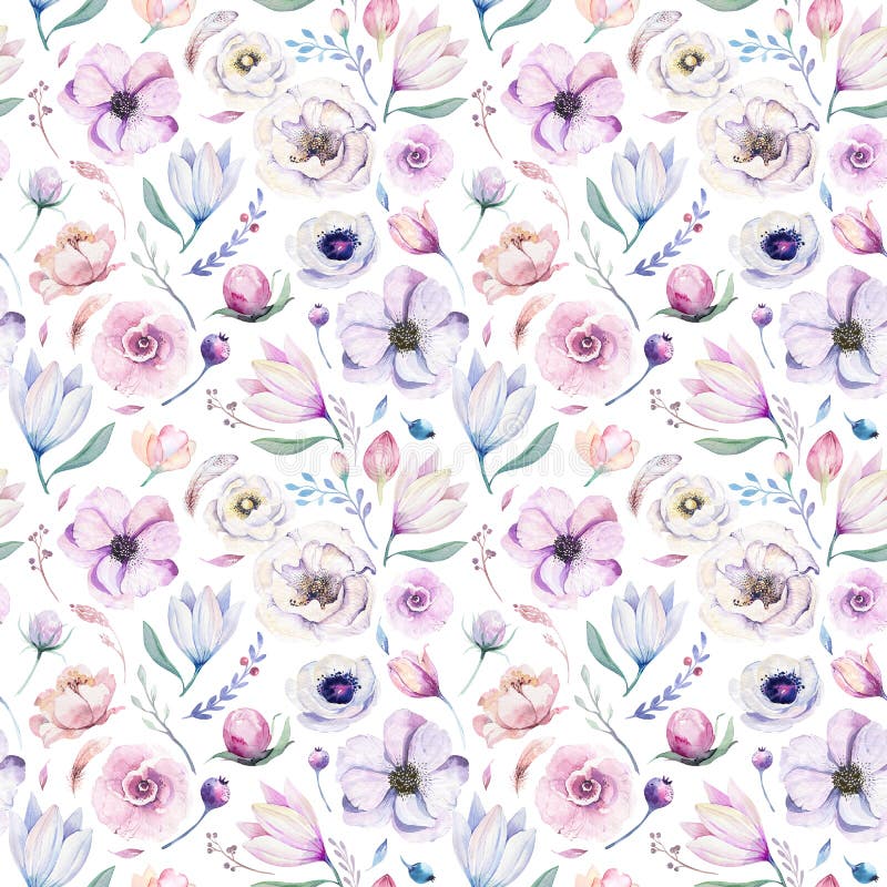 Modèle floral d'aquarelle lilic sans couture de ressort sur un fond blanc Fleurs roses et roses, décoration de weddind