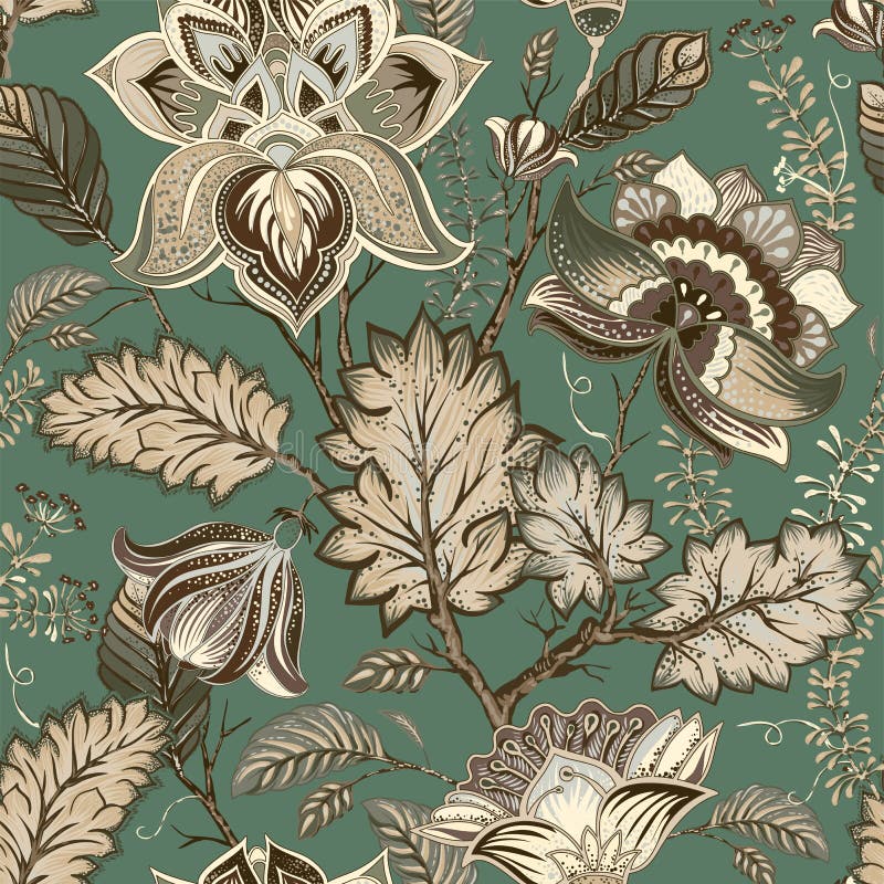 Modèle floral de cru de vecteur, style de la Provence Grandes fleurs stylisées sur un fond vert Conception pour le Web, textile illustration stock Modèle floral de cru de vecteur, style de la Provence Grandes fleurs stylisées sur un fond vert Conception pour le Web, textile illustration stock