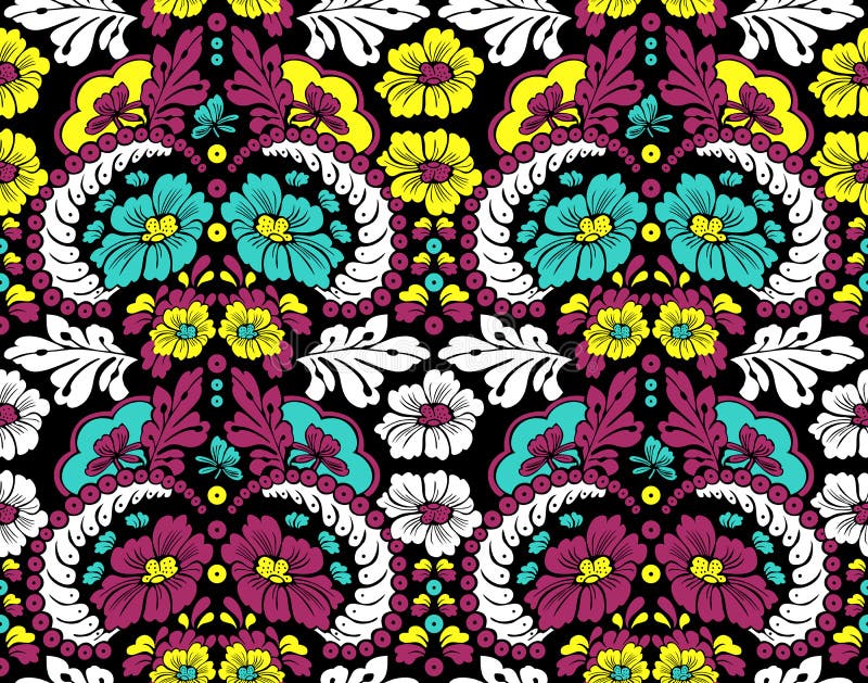 Modèle floral de vintage sans couture avec des feuilles sur un fond noir Jaune, turquoise, fleurs rose-foncé avec les feuilles bl illustration de vecteur Modèle floral de vintage sans couture avec des feuilles sur un fond noir Jaune, turquoise, fleurs rose-foncé avec les feuilles bl illustration de vecteur