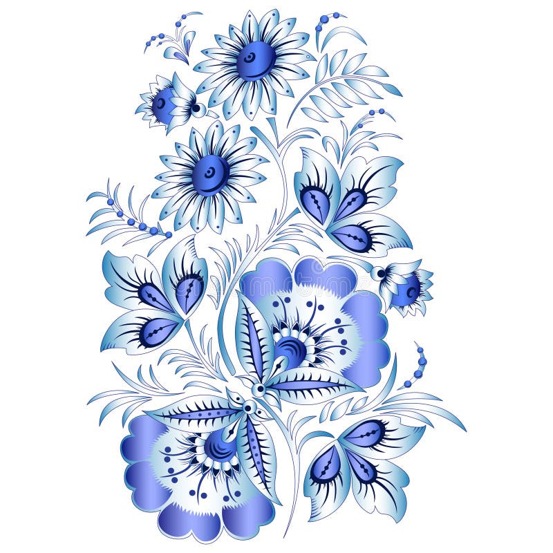 Modèle floral national russe dans le style Gzhel (fleurs de la céramique russe, du bleu peint sur le blanc). illustration stock Modèle floral national russe dans le style Gzhel (fleurs de la céramique russe, du bleu peint sur le blanc). illustration stock