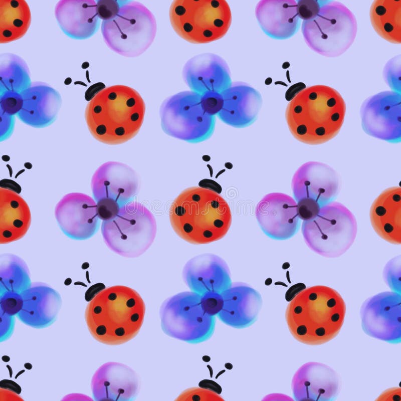 Seamless floral pattern with insects. Watercolor background with hand drawn flowers and ladybugs. Series of Watercolor Seamless Patterns, Backgrounds. Seamless floral pattern with insects. Watercolor background with hand drawn flowers and ladybugs. Series of Watercolor Seamless Patterns, Backgrounds.