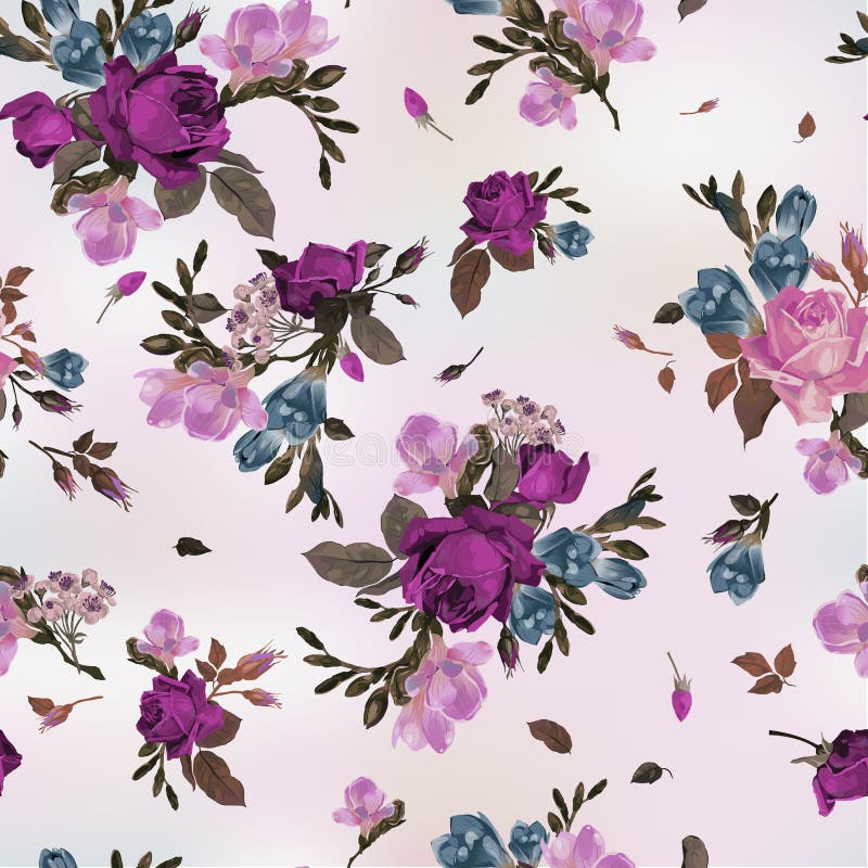 Modèle floral sans couture avec les roses pourpres et roses et le freesia, illustration de vecteur Modèle floral sans couture avec les roses pourpres et roses et le freesia, illustration de vecteur