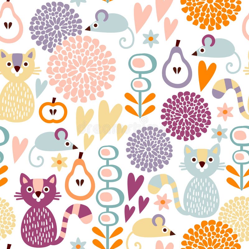 Modèle floral sans couture de bande dessinée colorée mignonne avec des animaux chat et souris illustration libre de droits Modèle floral sans couture de bande dessinée colorée mignonne avec des animaux chat et souris illustration libre de droits