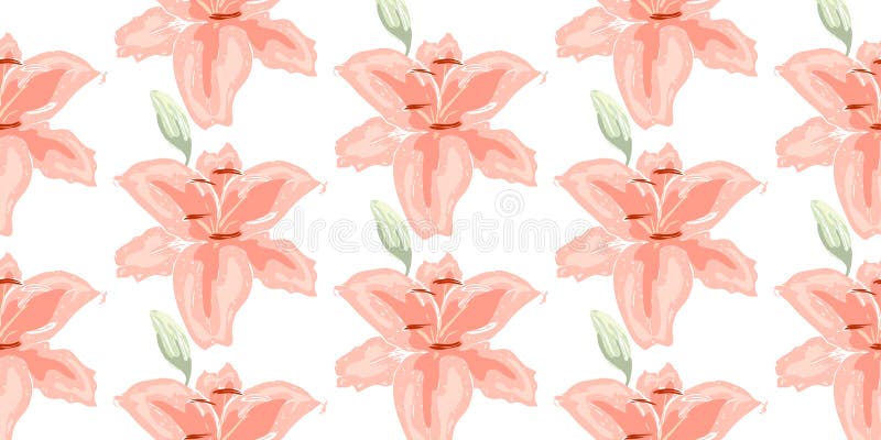 Soft seamless floral pattern. Beautiful lily flowers on white. Abstract hand drawn vector background. Soft seamless floral pattern. Beautiful lily flowers on white. Abstract hand drawn vector background