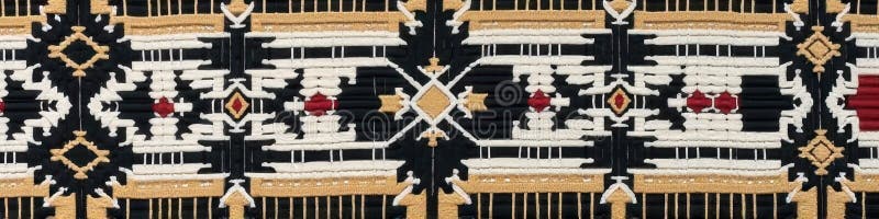 Modèle géométrique complexe sur tissu noir avec accents rouge et or. Que l'image est générée à l'aide de l'IA.