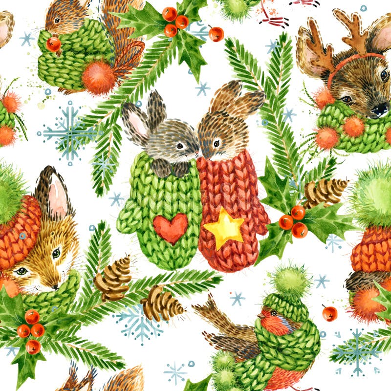 Modèle mignon d'animaux de forêt Fond de vacances d'hiver d'aquarelle illustration de vecteur Modèle mignon d'animaux de forêt Fond de vacances d'hiver d'aquarelle illustration de vecteur