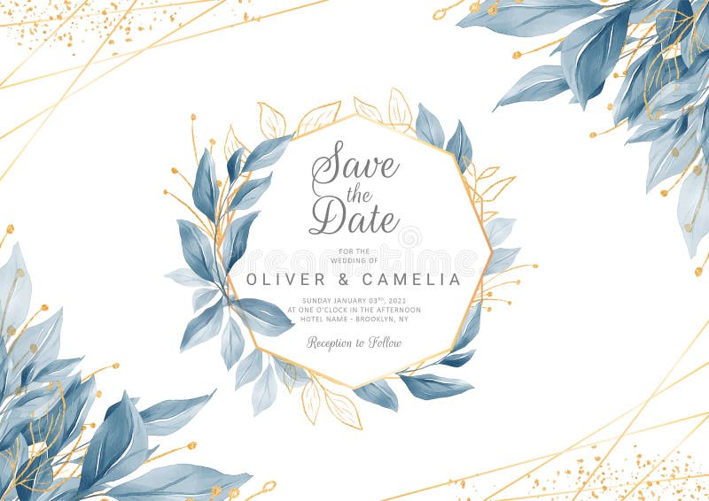 Modèle moderne de carte d'invitation de mariage bleu marine avec cadre floral couleur aquarelle et bordure Une bordure fleurie ve