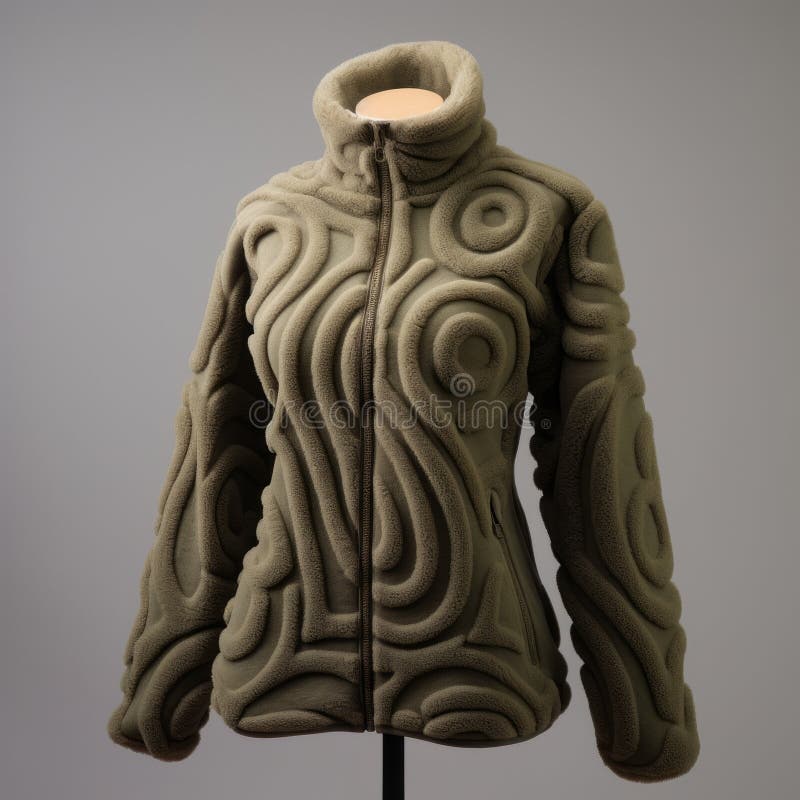 Modèle rapide 3d molleton femme manteau inspiré de sculptures artistiques. Cette veste en polaire féminine est une pièce unique d'art portable inspirée d'une fusion de styles, y compris la sculpture futuriste art maori formations cellulaires représentation réaliste de la forme humaine bentwood relief et spirales. artisanal avec soin cette veste est une création oneofakind qui est sûr de tourner les têtes et de faire une déclaration. rester chaud ai généré