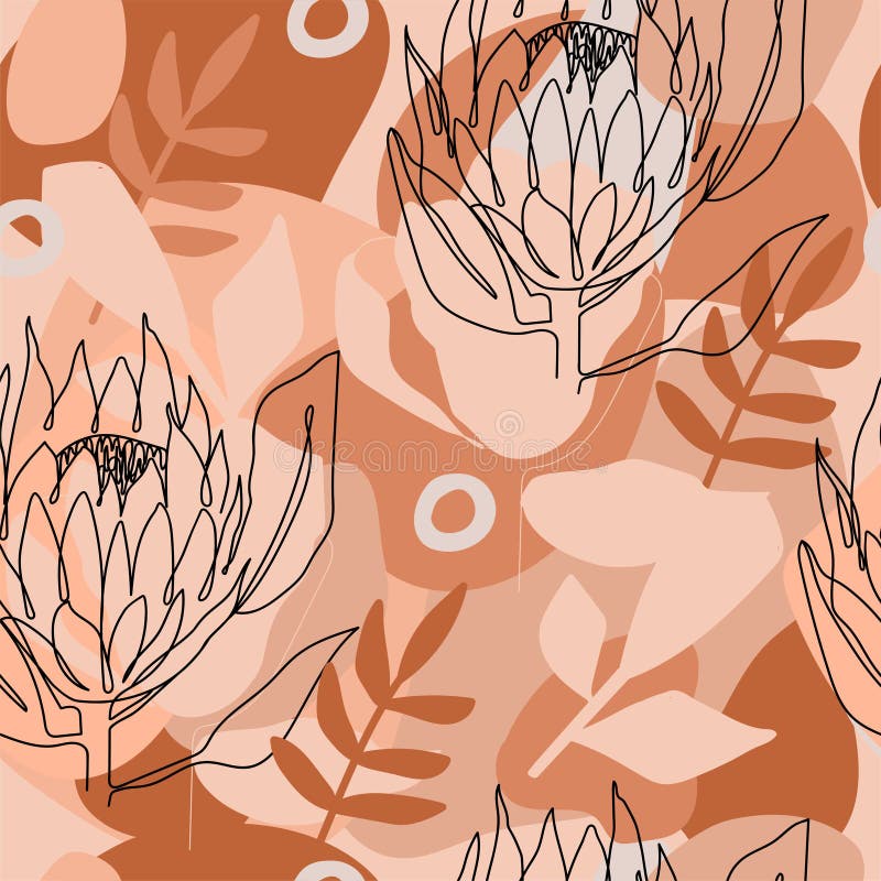 Terracotta contemporary fashion abstract seamless pattern. One line continuous protea flower and trendy shapes. Texture for textile, packaging, wrapping paper etc. Vector illustration. Terracotta contemporary fashion abstract seamless pattern. One line continuous protea flower and trendy shapes. Texture for textile, packaging, wrapping paper etc. Vector illustration