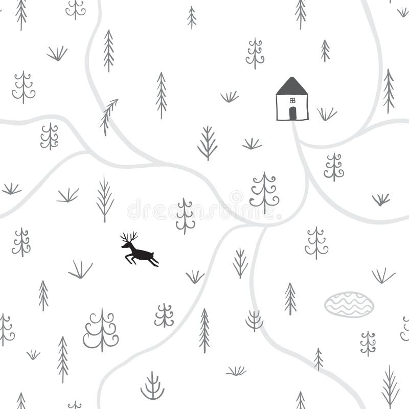 Modèle sans couture avec des cerfs communs, forêt, arbres, maison, traînée illustration stock