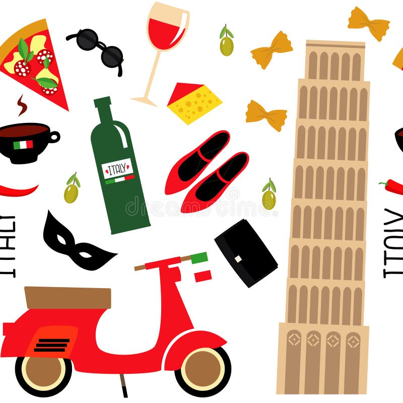 Modèle sans couture avec des symboles italiens de bande dessinée - tour de Pise, rétro scooter, vin rouge, café, pizza, pâtes, fr illustration stock Modèle sans couture avec des symboles italiens de bande dessinée - tour de Pise, rétro scooter, vin rouge, café, pizza, pâtes, fr illustration stock
