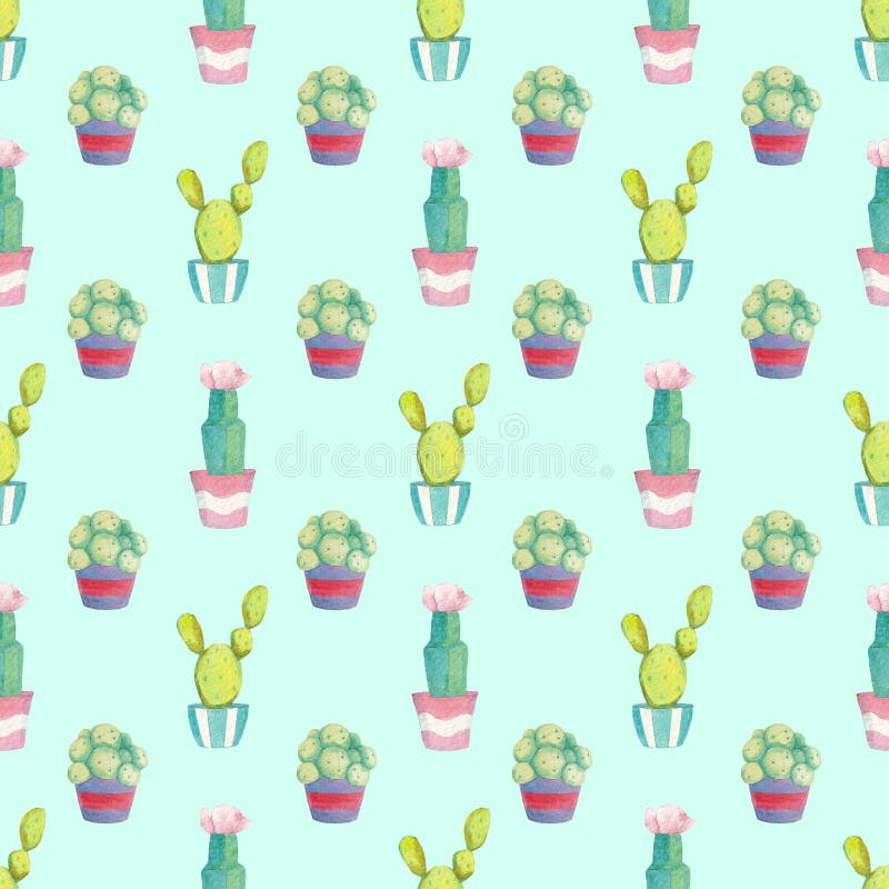 Modèle sans couture avec différents cactus verts dans des pots multicolores illustration stock Modèle sans couture avec différents cactus verts dans des pots multicolores illustration stock
