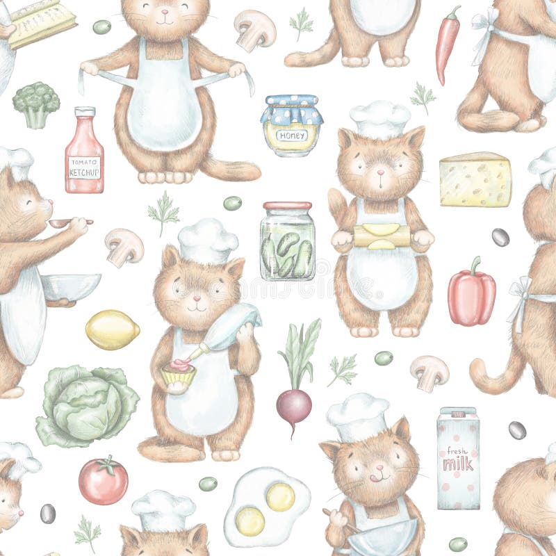 Modèle sans couture avec faire cuire des chats et des produits d'épicerie illustration stock Modèle sans couture avec faire cuire des chats et des produits d'épicerie illustration stock