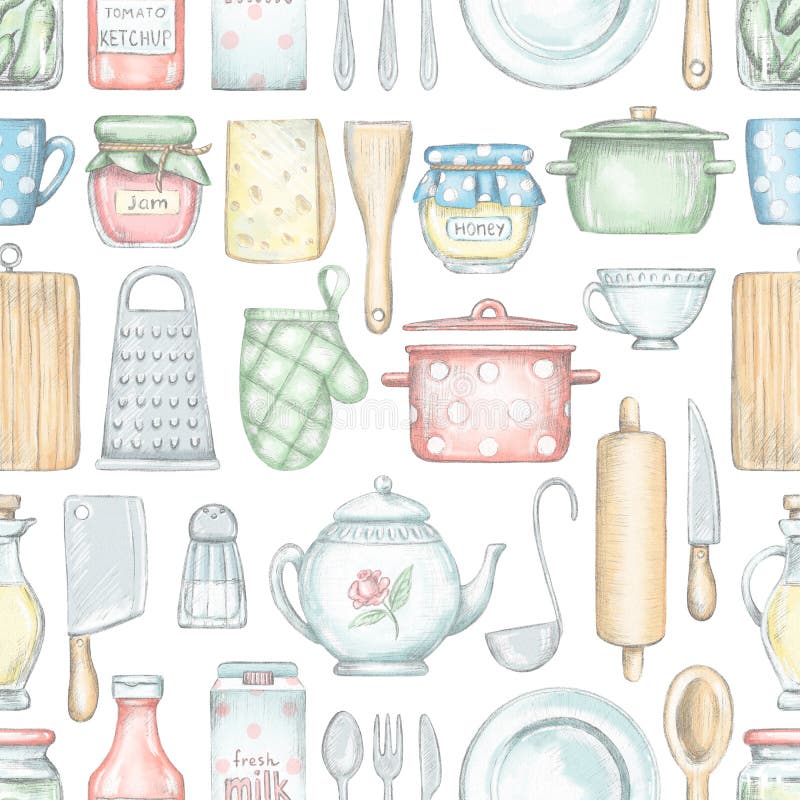 Modèle sans couture avec la divers vaisselle de cuisine, produits d'épicerie et vaisselle illustration libre de droits Modèle sans couture avec la divers vaisselle de cuisine, produits d'épicerie et vaisselle illustration libre de droits