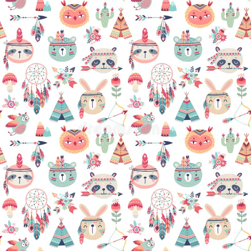 Modèle sans couture avec le modèle tribal de boho mignon de région boisée, lapin, hibou, paresse, panda, ours Ensemble d'Indien d illustration stock Modèle sans couture avec le modèle tribal de boho mignon de région boisée, lapin, hibou, paresse, panda, ours Ensemble d'Indien d illustration stock