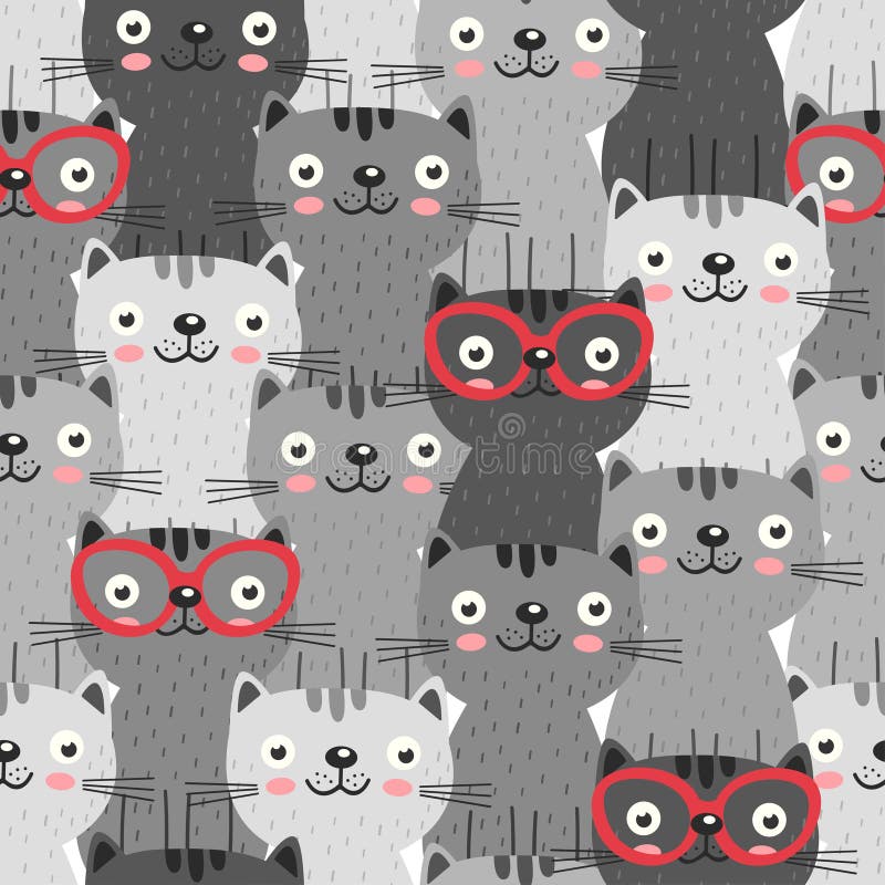 Modèle sans couture avec les chats gris en verres rouges illustration stock Modèle sans couture avec les chats gris en verres rouges illustration stock