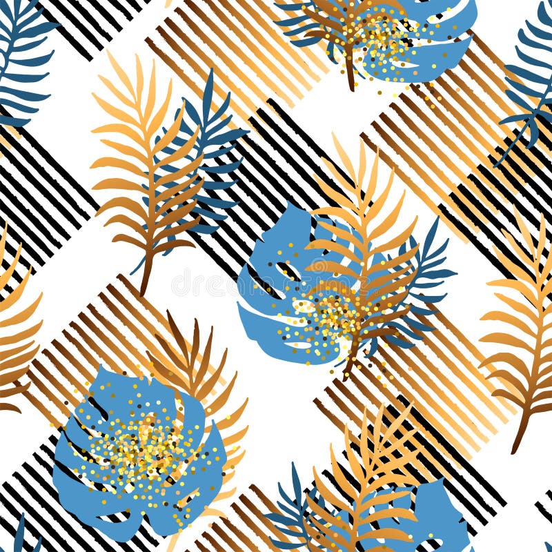 Modèle sans couture avec les feuilles bleues et d'or tropicales, rayures illustration libre de droits