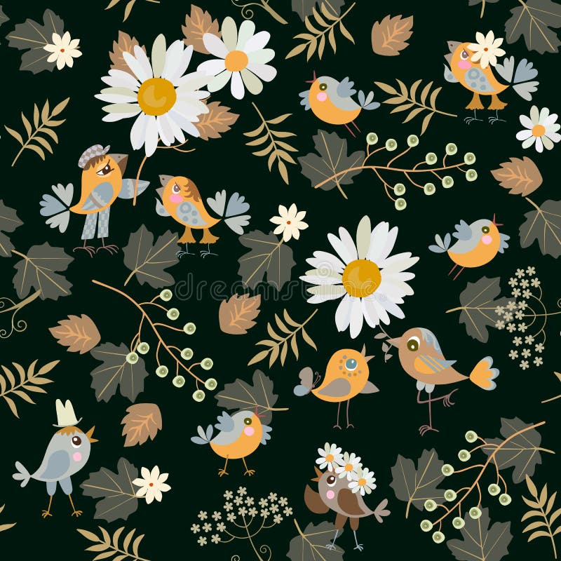 Modèle sans couture avec les oiseaux drôles dans l'amour, les baies de cerise d'oiseau, les marguerites et les feuilles sur le fo illustration stock Modèle sans couture avec les oiseaux drôles dans l'amour, les baies de cerise d'oiseau, les marguerites et les feuilles sur le fo illustration stock