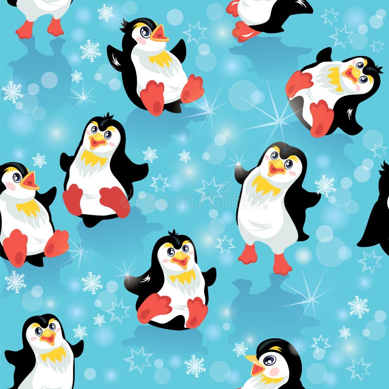 Seamless pattern with funny penguins and snowflakes on blue icy background, design for winter, Christmas or New Year themes. Seamless pattern with funny penguins and snowflakes on blue icy background, design for winter, Christmas or New Year themes